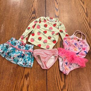 Girl’s 3T Swim Bundle Rashguard Top Swim Skirt Pink, Tucan, Strawberries